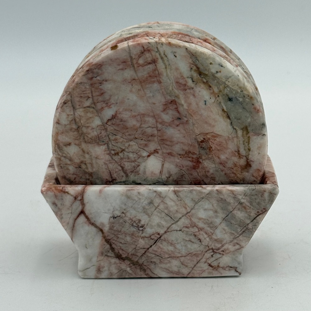 Vintage Pink Marble Coaster Set of 6 with Matching Holder Natural Stone Round